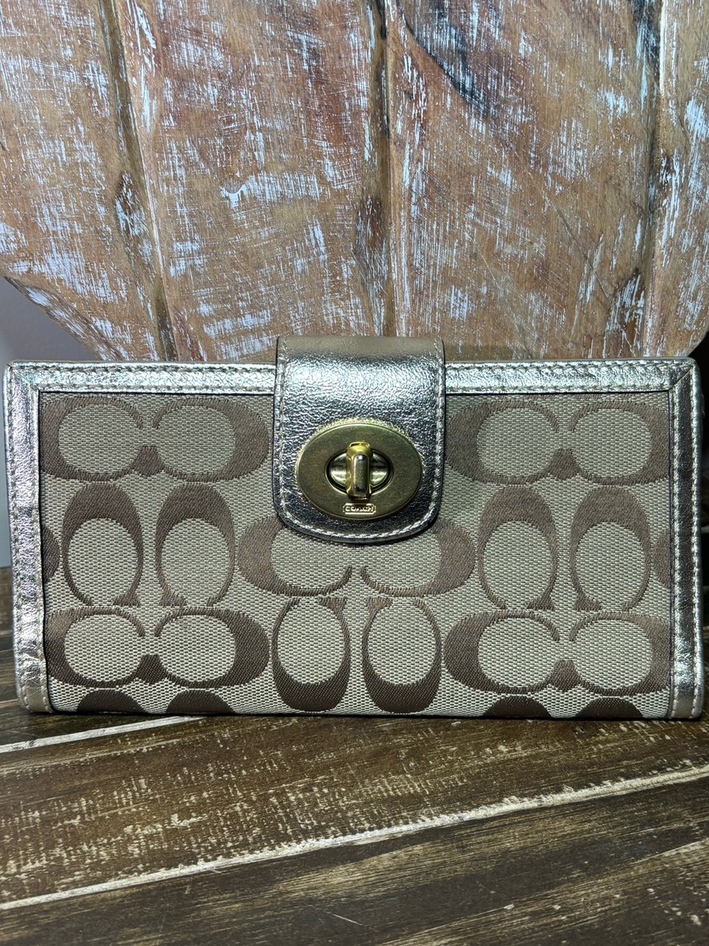 Coach Metallic Trim Signature Canvas Turnlock Wallet in Brown and Gold